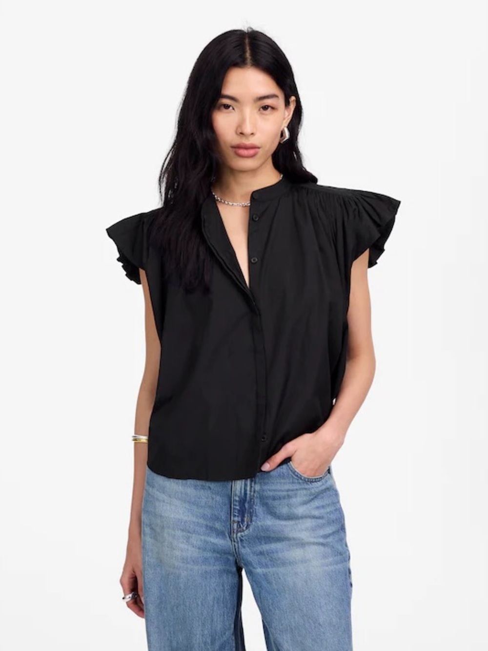 Madewell Poplin Shirred Button-Up Shirt in Jet Black size Small. New with tag